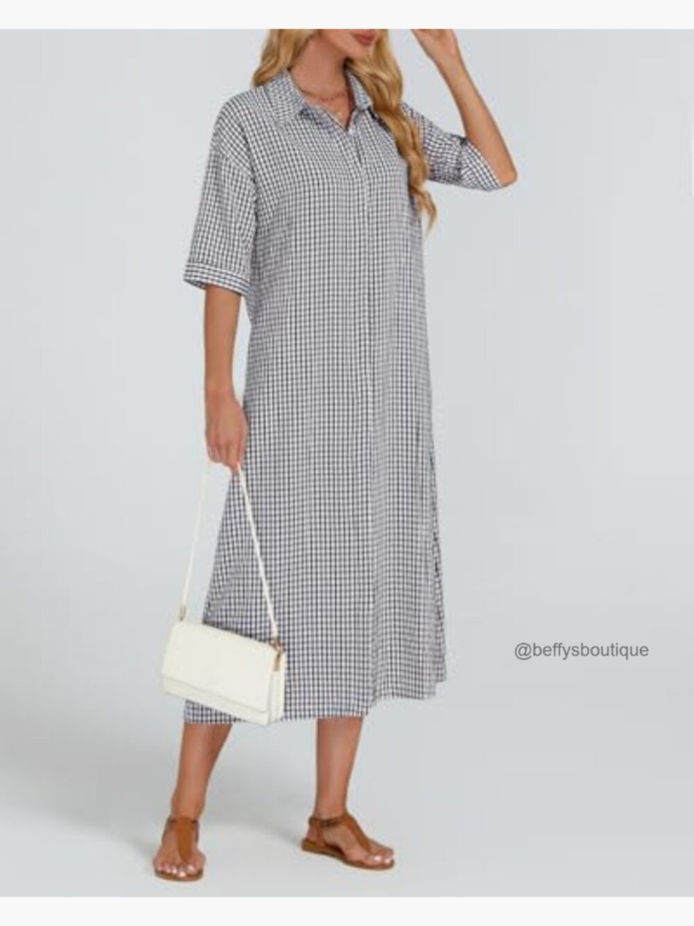 Plaid Half Sleeve Maxi Dress Button Down Loose Belted Dress with Pockets - Picture 3 of 7
